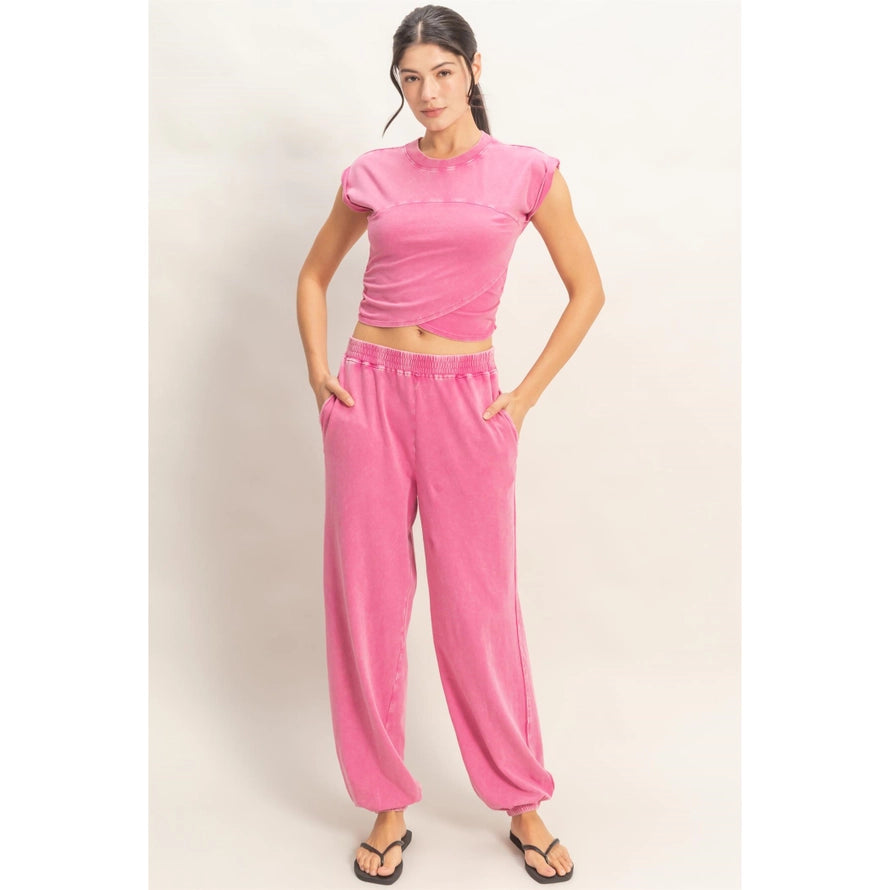 Rolled Sleeve Wrap-Front Crop Top and Jogger Set