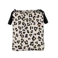 Leopard print bag with black drawstrings on a white background