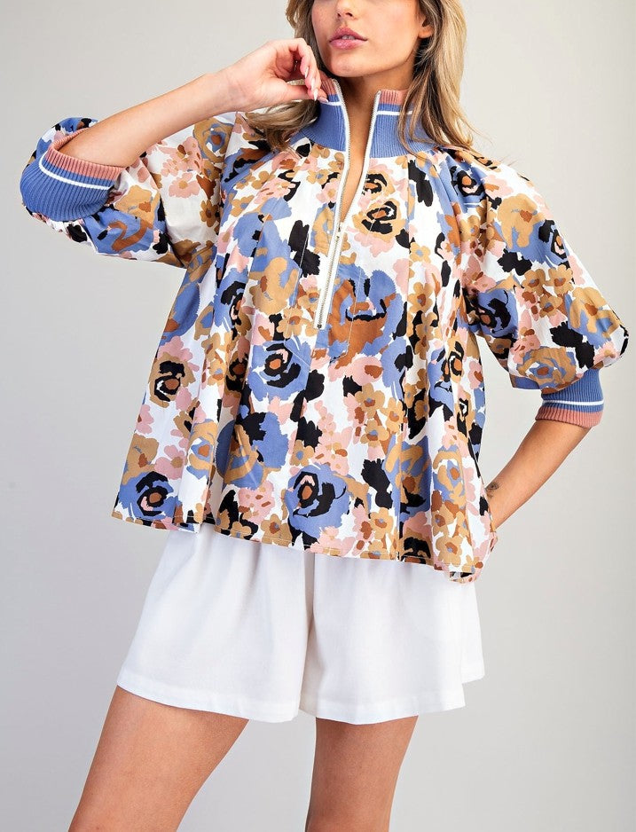 Floral Half Zip Puff Sleeve Top