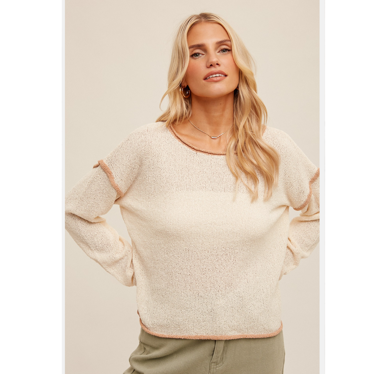 Boat Neck Thread Contrast Loose Fit Sweater