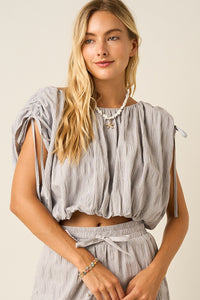 Textured Drawstring Shoulder Crop Top