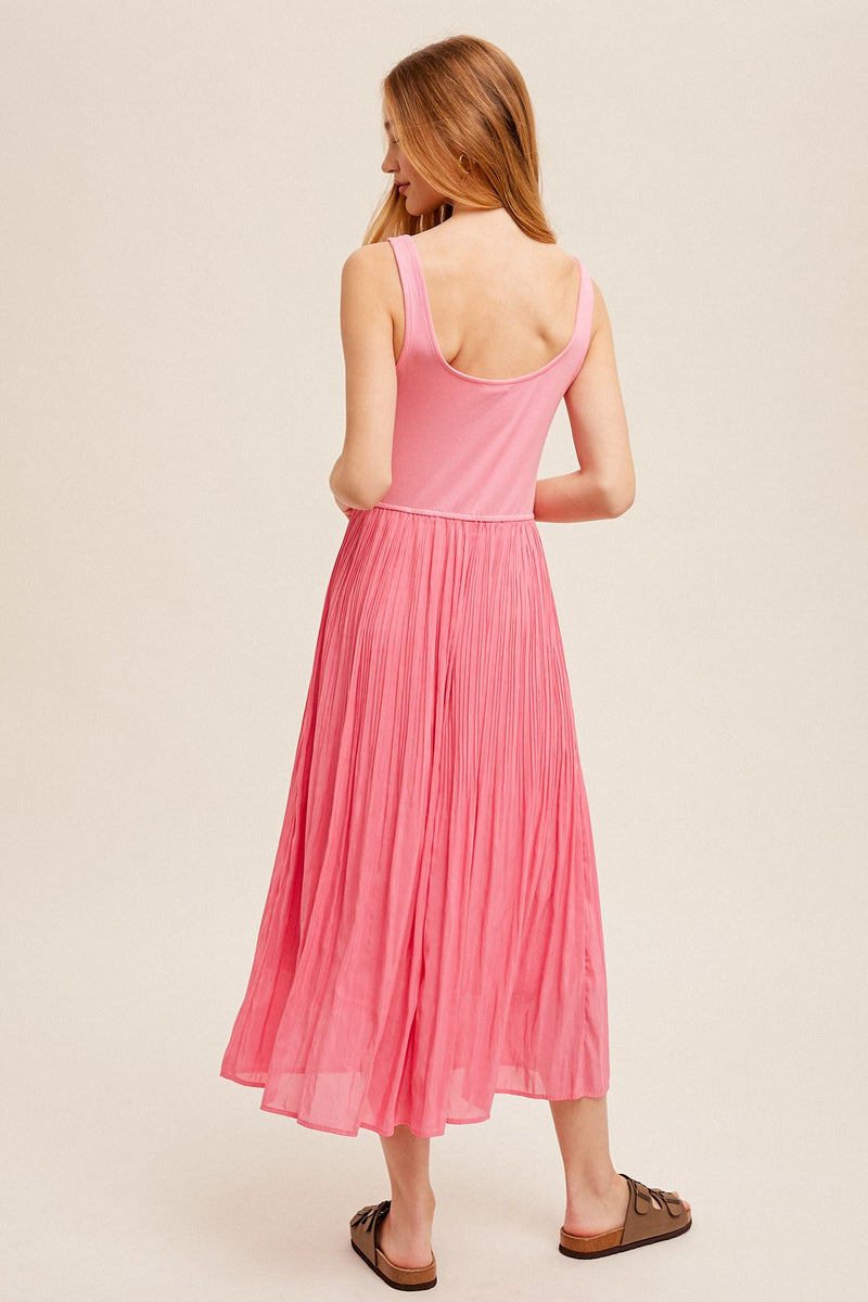 Scoop Neck Pleated Skirt Tank Dress