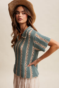 Woman wearing a knitted top and straw hat on a beige background