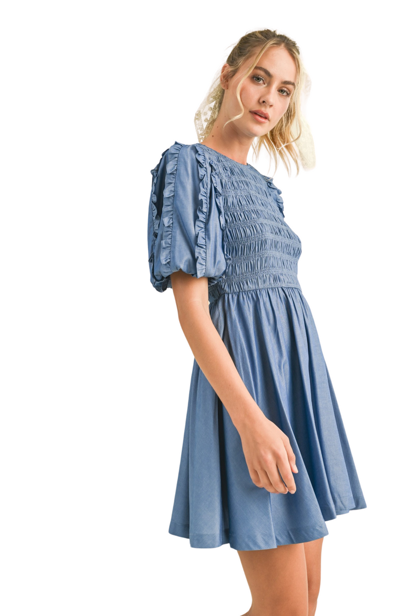 Ruffled Bubble Sleeve Smocked Mini Dress