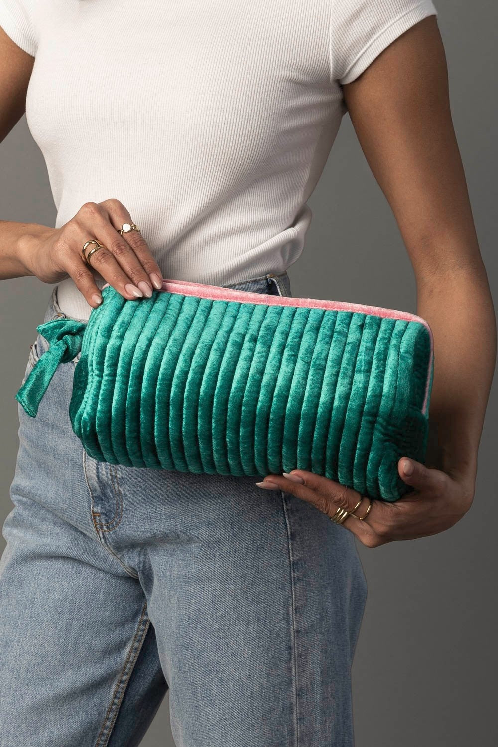 Green & Pink Velvet Ribbed Travel Pouch