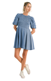 Ruffled Bubble Sleeve Smocked Mini Dress