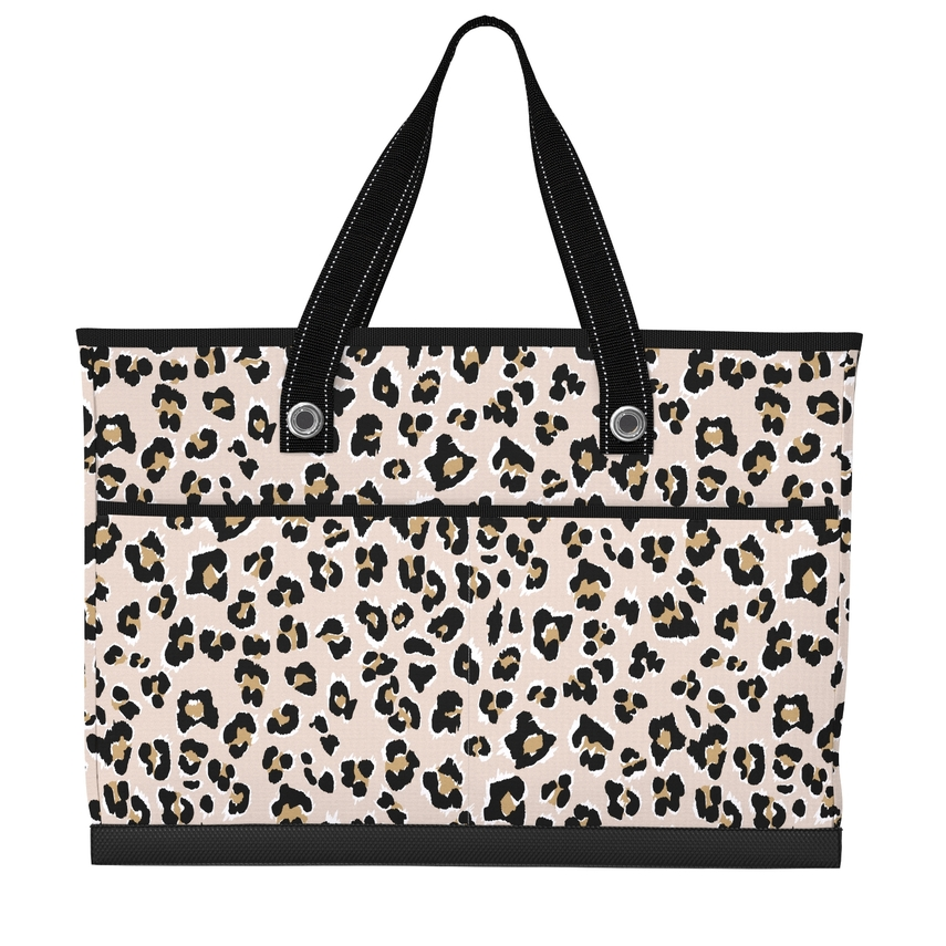 Leopard print tote bag with black handles on a white background