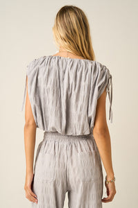 Textured Drawstring Shoulder Crop Top