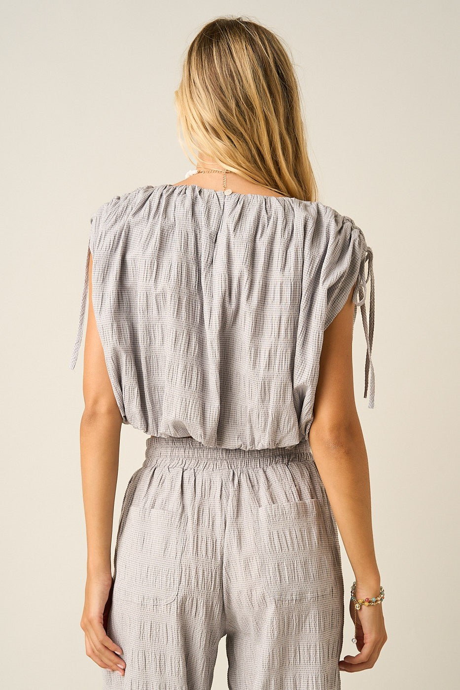 Textured Drawstring Shoulder Crop Top