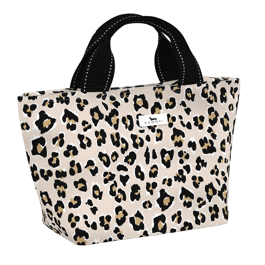 Leopard print bag with black handles on a white background