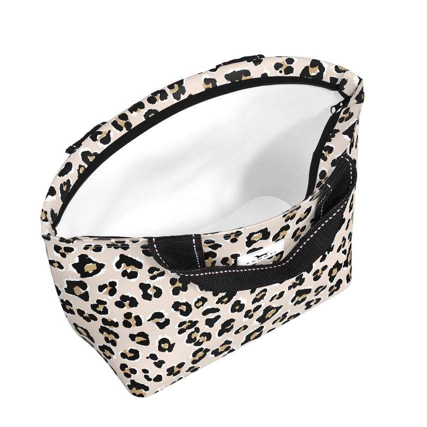 Leopard print makeup bag with a white interior on a white background