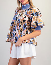 Floral Half Zip Puff Sleeve Top