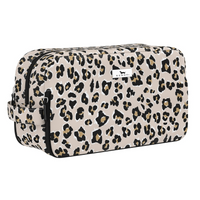 Leopard print toiletry bag with 'SCOUT' logo on a white background
