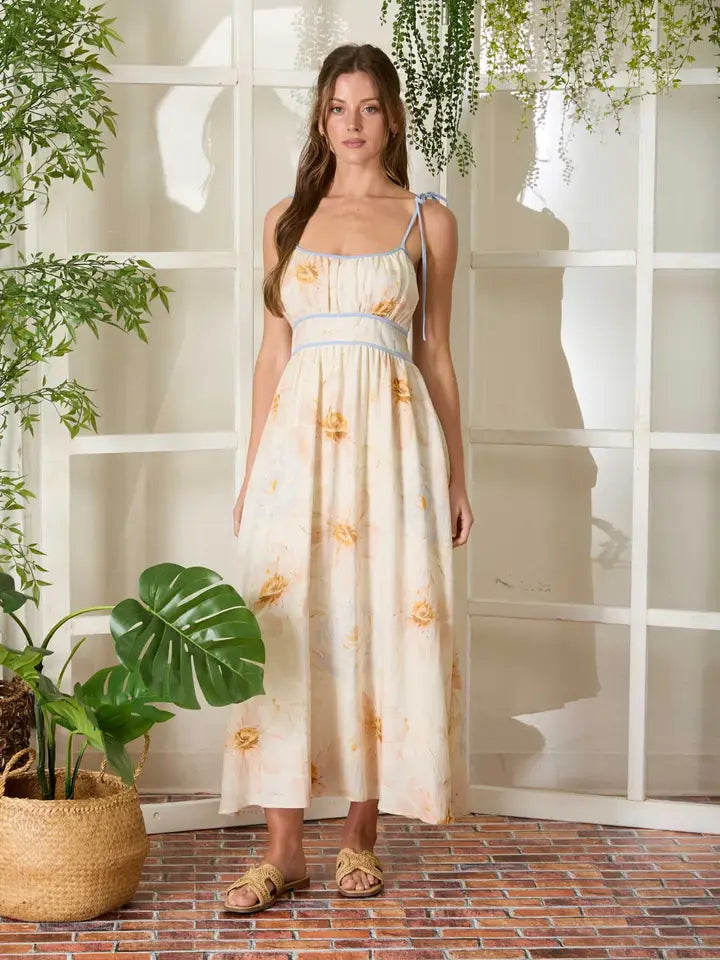 Watercolor Floral Spaghetti Tie Strap Midi Dress