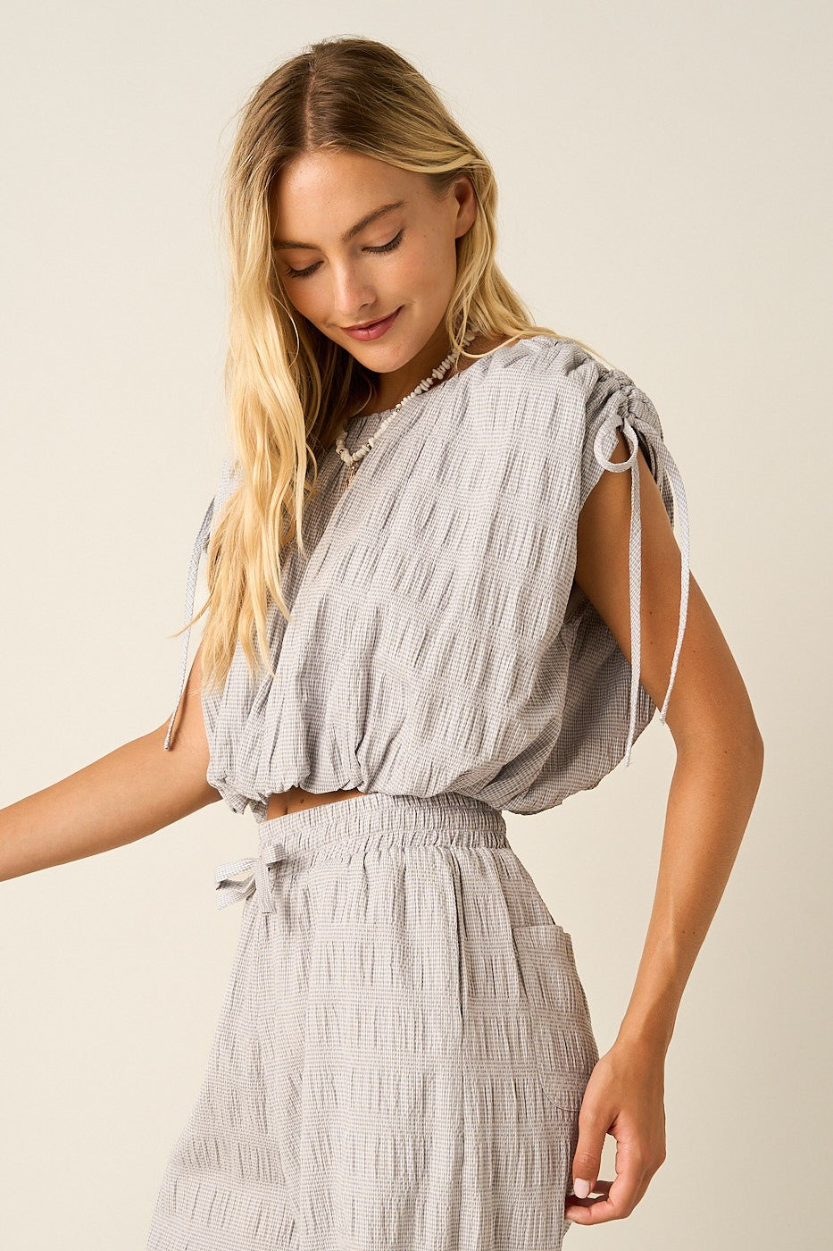 Textured Drawstring Shoulder Crop Top