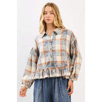 Washed Plaid Ruffle Hem Balloon Sleeve Shirt