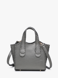 A gray pebbled leather handbag with braided leather handles and trim, shown against a plain white background.