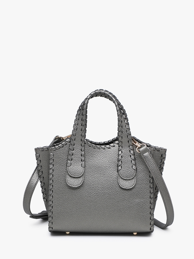 A gray pebbled leather handbag with braided leather handles and trim, shown against a plain white background.