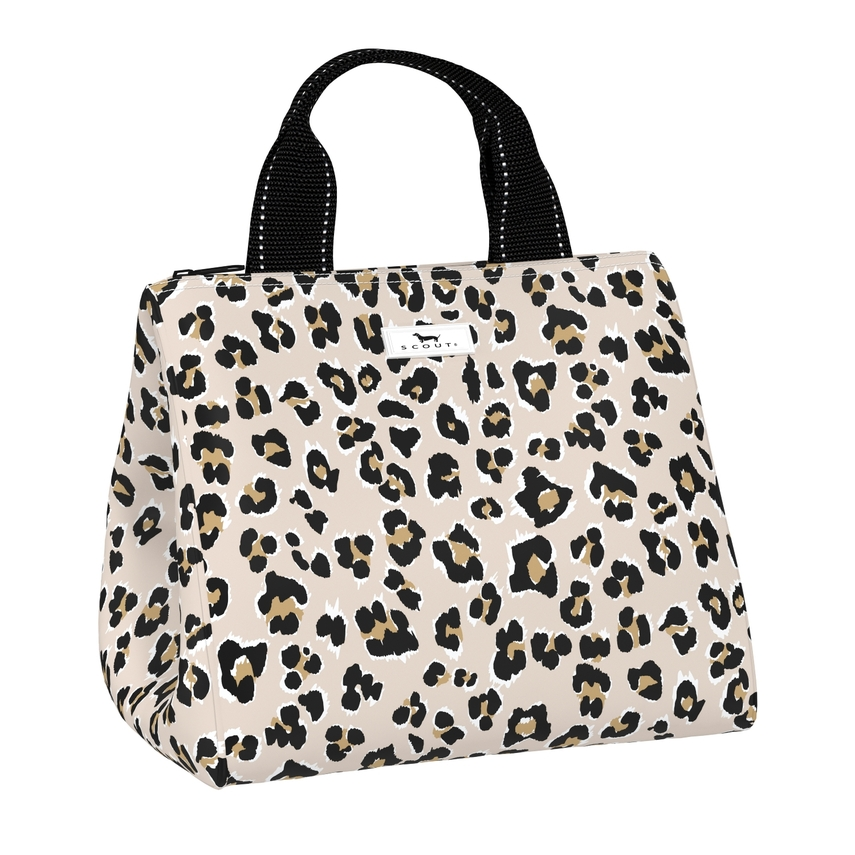 Leopard print tote bag with black handles on a white background