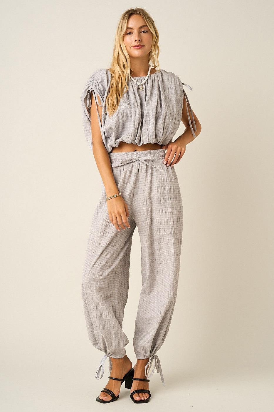 Textured Drawstring Shoulder Crop Top