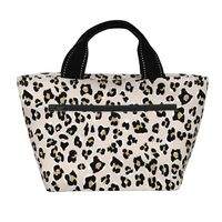 Leopard print tote bag with black handles on a white background