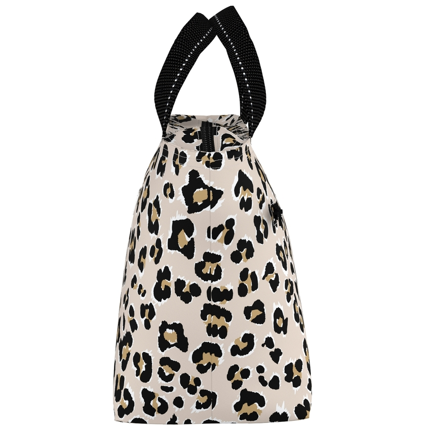 A drawstring bag featuring a beige, black, and brown leopard print pattern, with black woven shoulder straps.