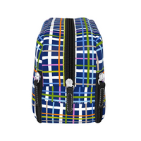 A zippered lunch bag with a colorful plaid pattern in navy blue, white, green, orange, and pink, featuring black zippers and silver metal hardware, shown against a plain white background.