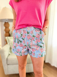 Denim Floral Print Elastic-Back Shorts