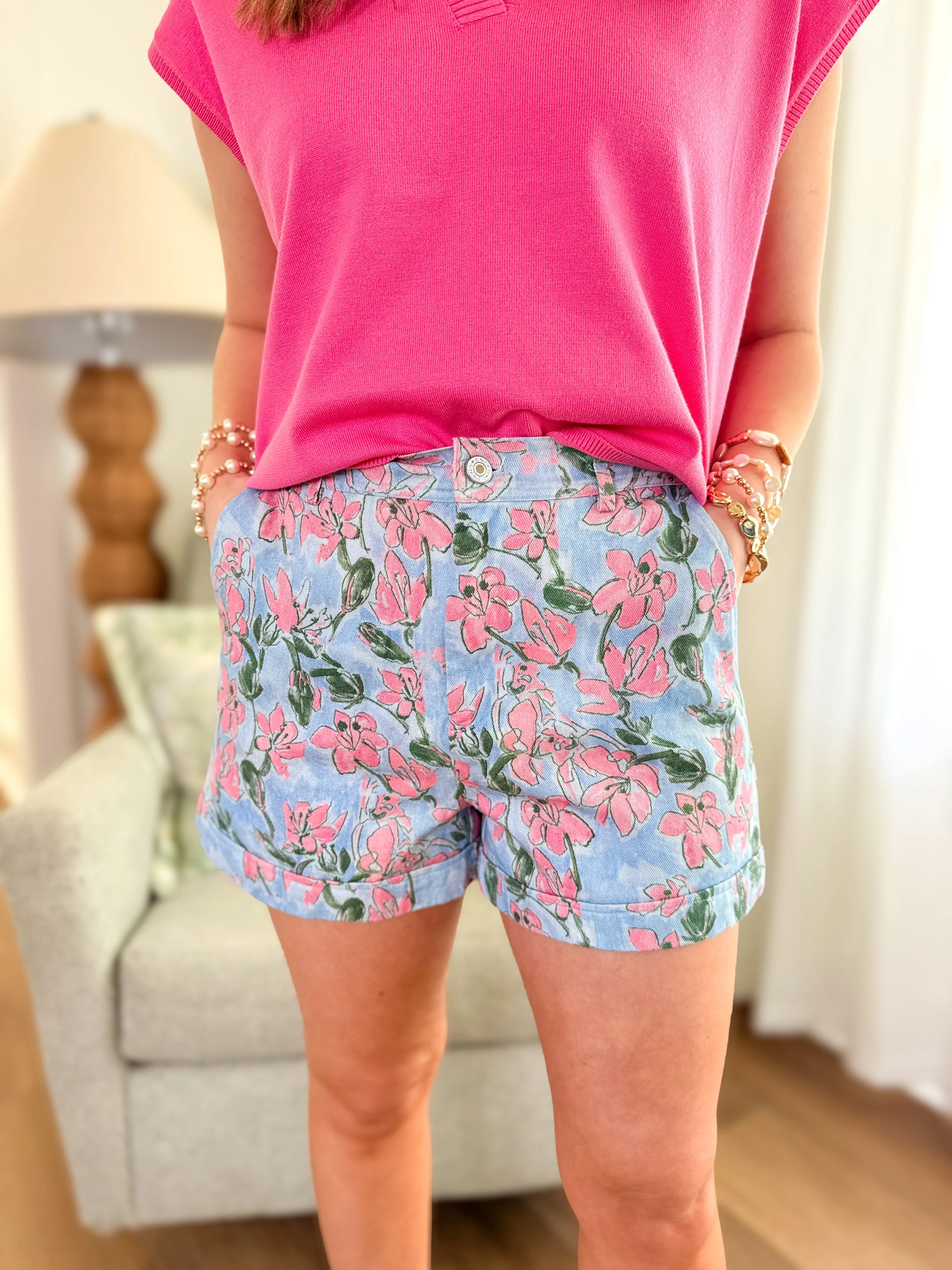 Denim Floral Print Elastic-Back Shorts