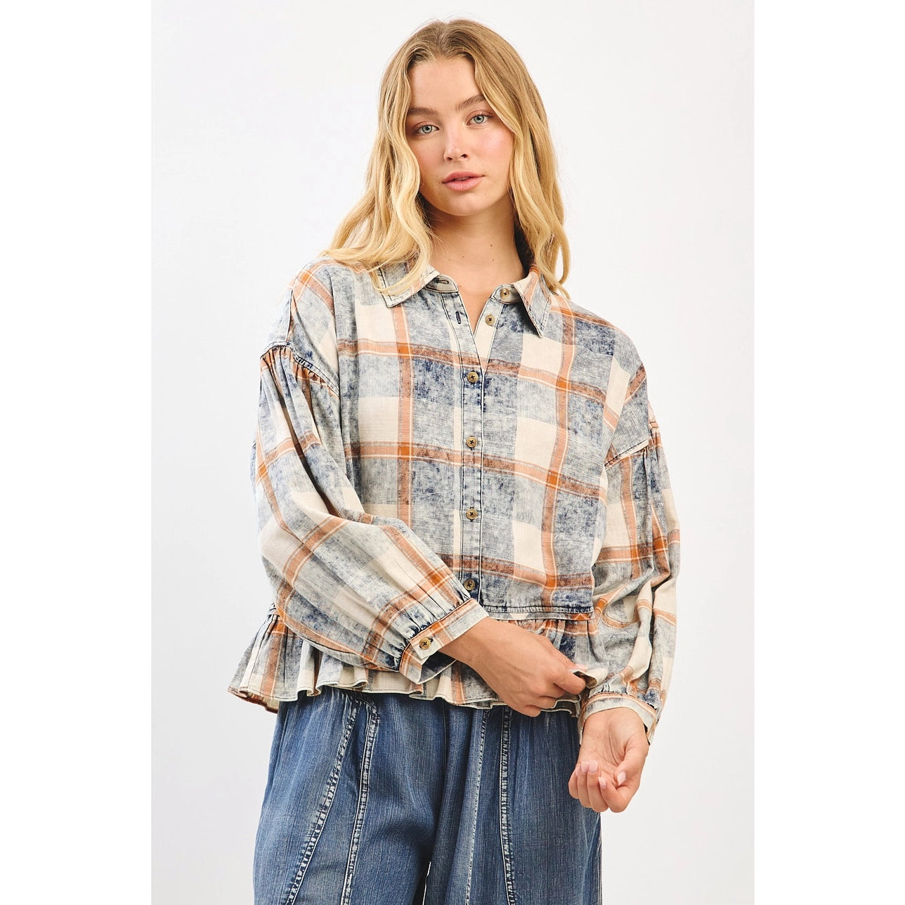 Washed Plaid Ruffle Hem Balloon Sleeve Shirt