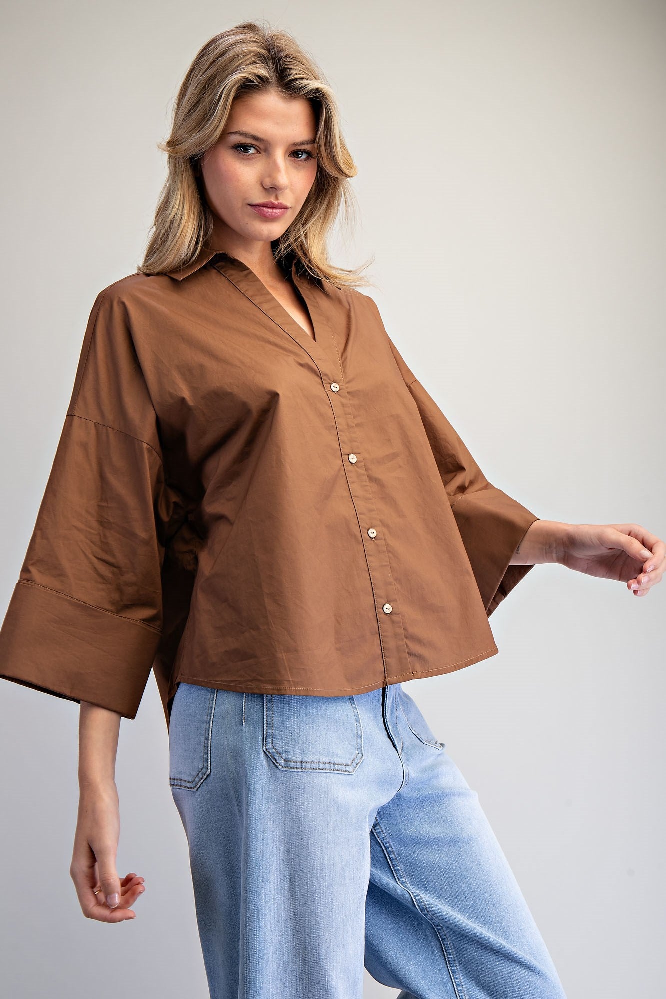 Back Pleat Button Down Blouse Top