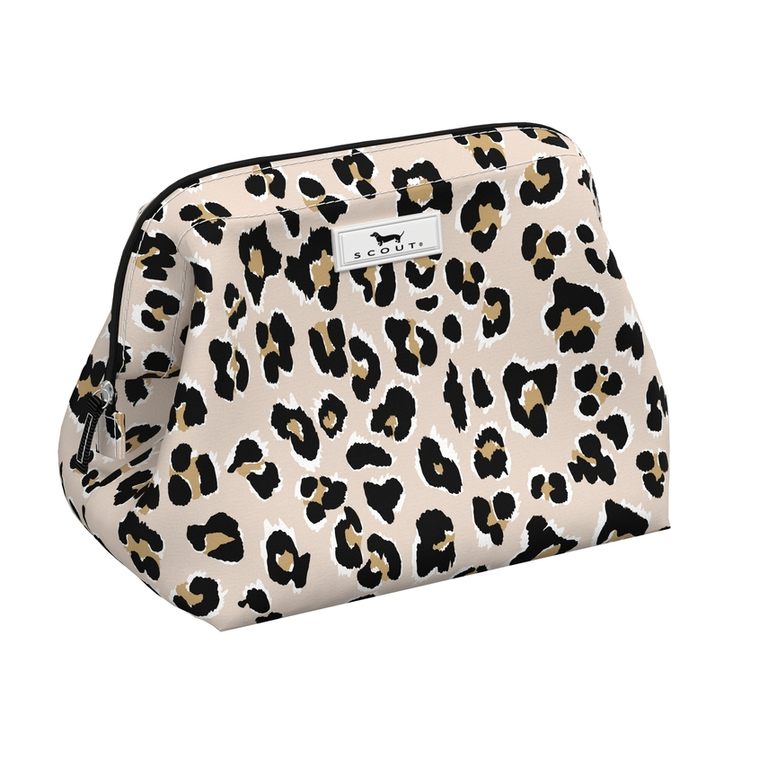 Leopard print makeup bag with 'SCOUT' logo on a white background