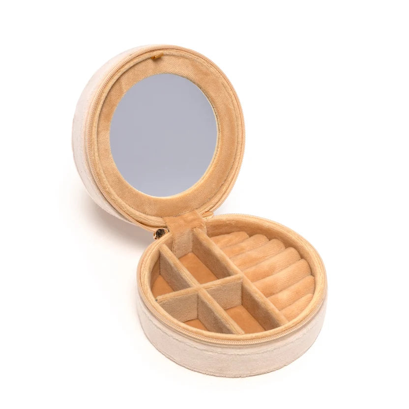 An open round wooden jewelry organizer with a built-in mirror in the lid and multiple compartments inside, shown on a white background.
