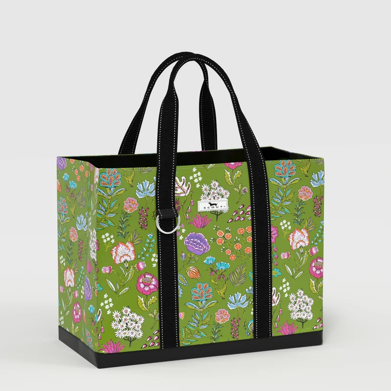 Tote bag with floral pattern on a green background