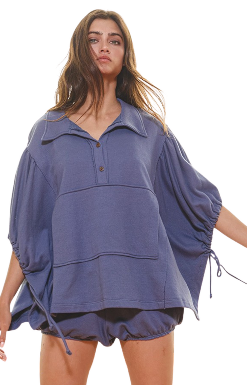 Oversized Drawstring Tie Sleeves Solid Top