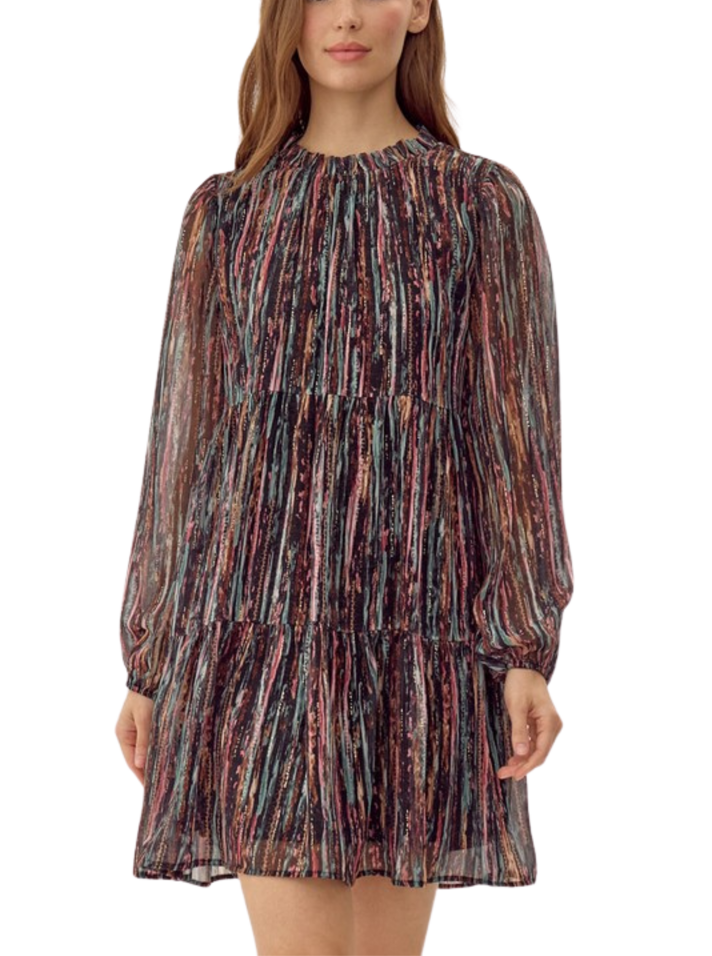 mini dress, multi color dress, long sleeve dress, high neck dress, fall dress