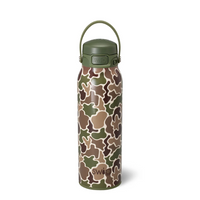 Camouflage-patterned water bottle with green lid on a white background