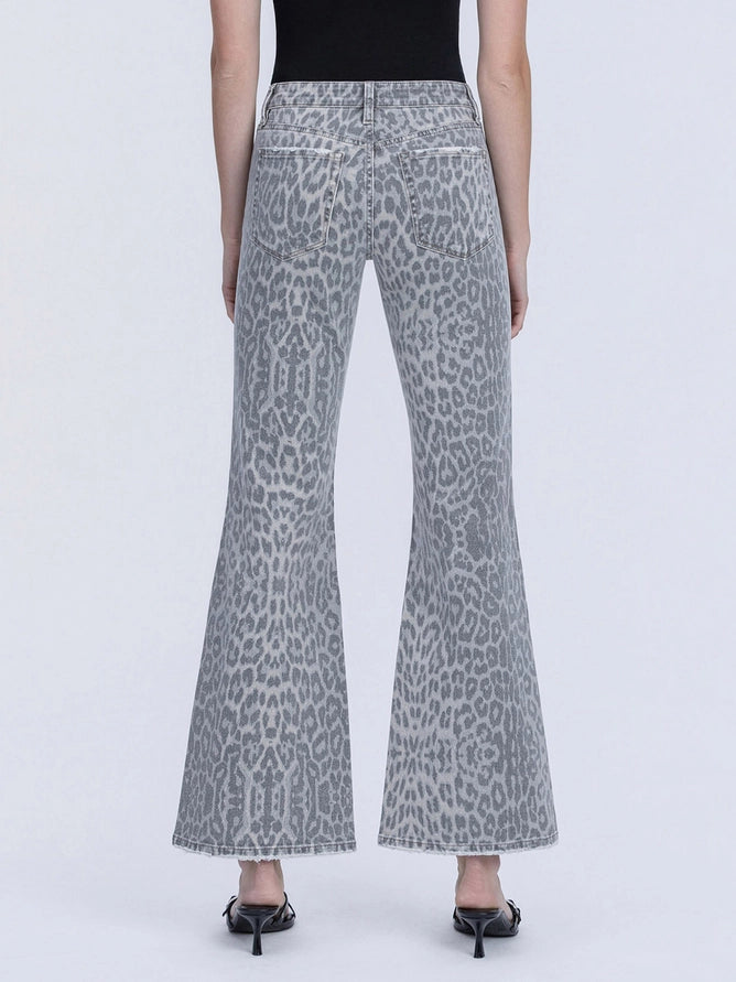 Mid Rise Grey Leopard Print Vintage Flare Jeans