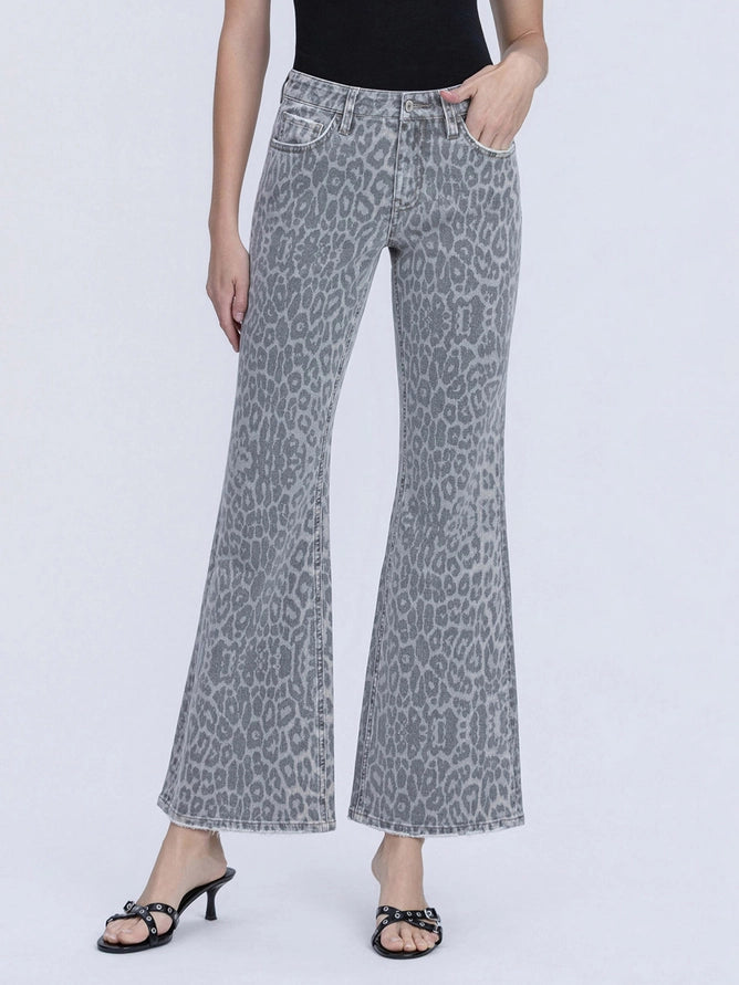 Mid Rise Grey Leopard Print Vintage Flare Jeans