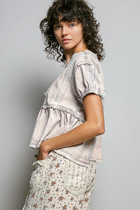 Butterfly Embroidered Denim Balloon Sleeve Top