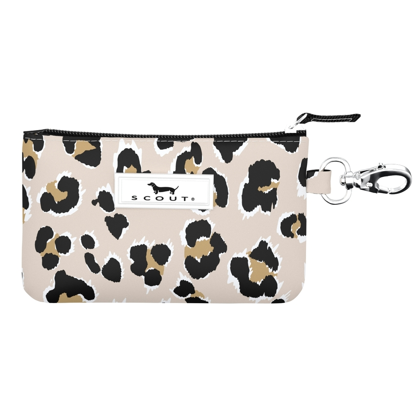 Leopard print pouch with a keychain clip on a white background