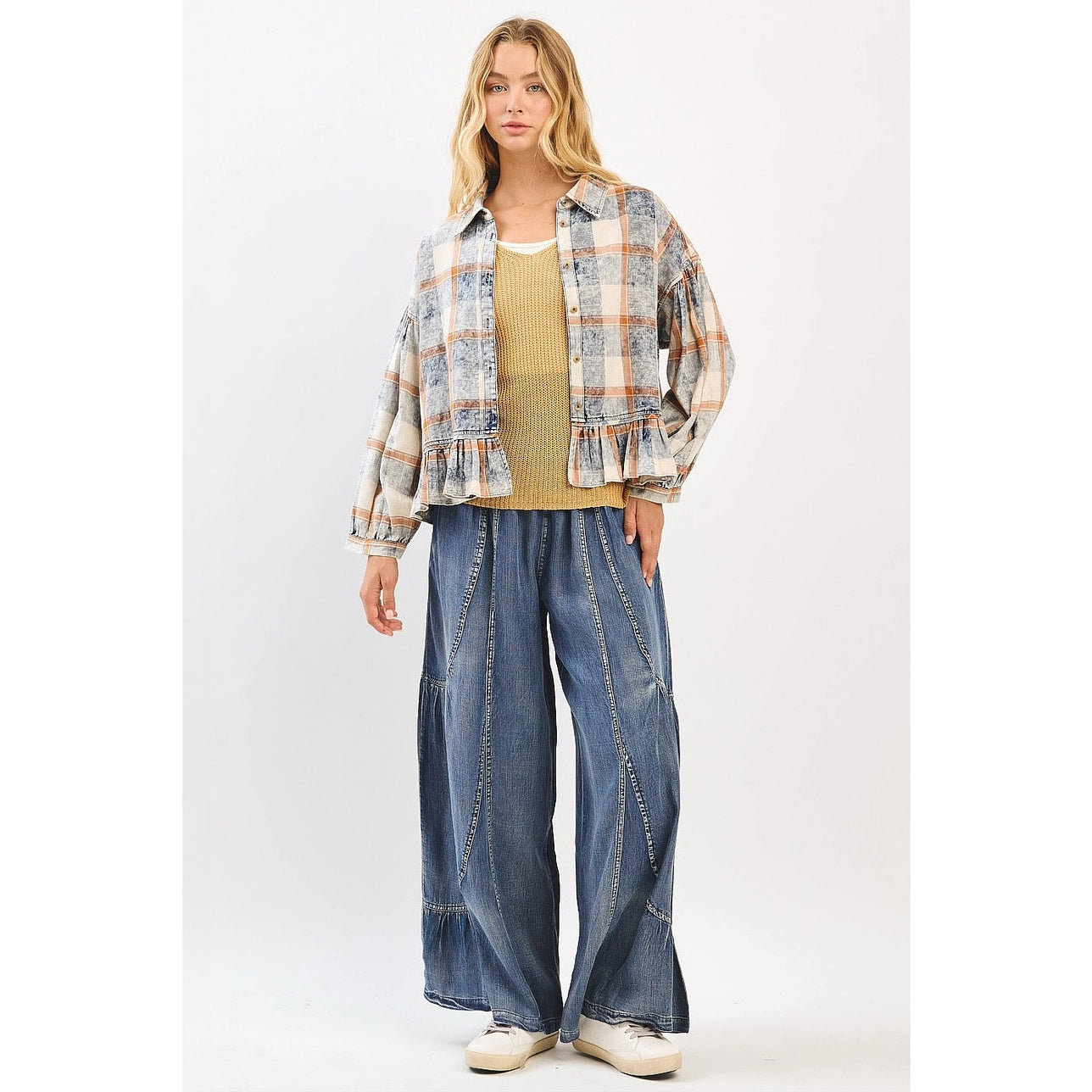 Washed Plaid Ruffle Hem Balloon Sleeve Shirt