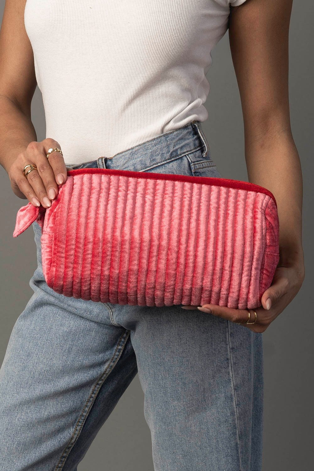 Red & Pink Velvet Ribbed Travel Pouch