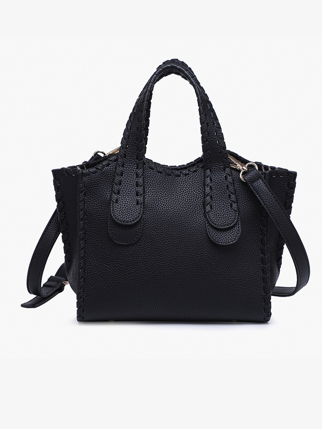Black handbag with a strap on a white background