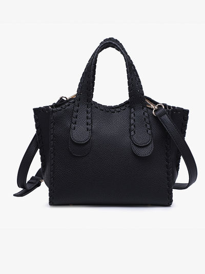 Black handbag with a strap on a white background