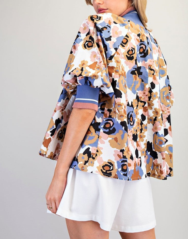 Floral Half Zip Puff Sleeve Top