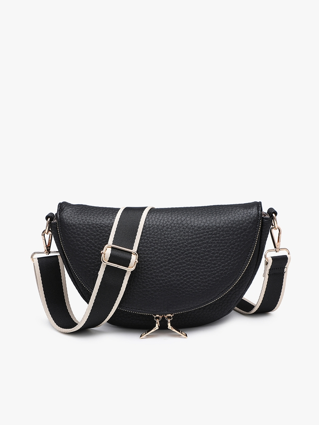Black pebbled leather crescent-shaped shoulder bag with a wide black and white striped strap and silver-tone hardware, shown on a plain white background.