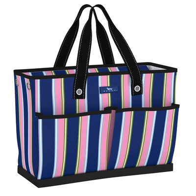 Striped tote bag with black handles on a white background