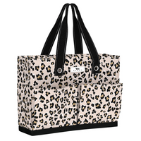 Leopard print tote bag with black handles on a white background