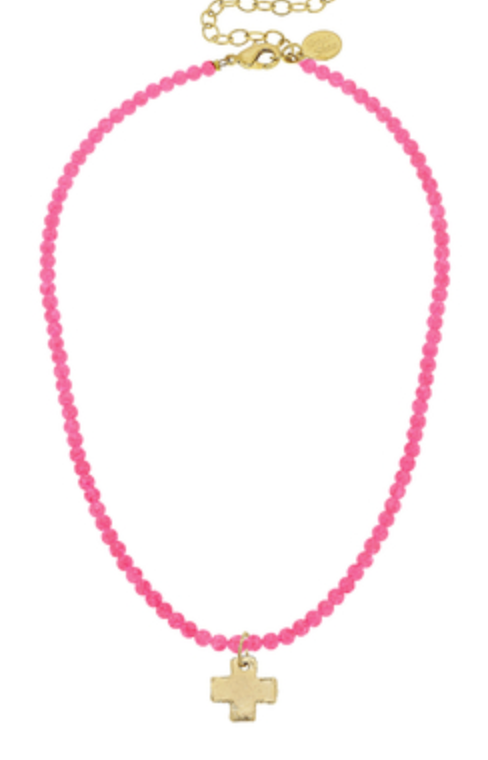 Gold Cross on Hot Pink Beaded Necklace by Susan Shaw